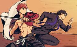  2boys cross cross_necklace derivative_work emiya_shirou fate/grand_order fate_(series) fighting_stance igote jewelry kotomine_kirei male_focus multiple_boys necklace okonon_(kado_colda) orange_hair priest rasputin_(fate) red_hair running senji_muramasa_(fate) stole sword topless_male weapon 