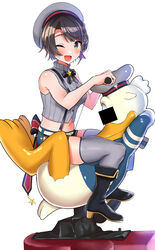  absurdres aqua_eyes bar_censor bare_shoulders belt beret black_bow black_bowtie blue_shorts blush boots bow bowtie braid braided_bangs breasts brown_hair censored collared_shirt crossover disney donald_duck donald_duck_ride_(meme) female from_side full_body grey_shirt grey_thighhighs hair_ornament hairclip handlebar hat high_collar high_heel_boots high_heels highres hololive identity_censor kiddie_ride kilesha knee_boots looking_at_viewer medium_breasts meme midriff navel official_alternate_costume one_eye_closed oozora_subaru oozora_subaru_(work) open_mouth pinstripe_pattern pinstripe_shirt shirt short_hair short_shorts shorts simple_background sitting sitting_on_object sleeveless sleeveless_shirt smile star_(symbol) striped_clothes striped_shirt suspender_shorts suspenders swept_bangs thighhighs vertical-striped_clothes vertical-striped_shirt virtual_youtuber white_background 