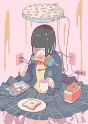  bag black_hair book bread bread_slice commentary_request cup electric_plug eraser female food food_in_mouth fried_egg fried_egg_on_toast grease_(food) green_skirt headphones headphones_around_neck highres holding holding_cup holding_toothbrush medium_hair mouth_hold norikoi original pen pink_background plaid plaid_skirt plastic_bag plate pleated_skirt protractor skirt solo toast toast_in_mouth toaster toothbrush 