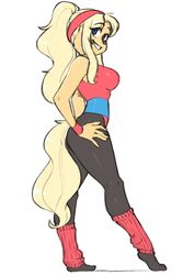  2019 2:3 5_fingers accessory anthro ass athletic_wear bare_shoulders blonde_hair blue_eyes bracelet breasts butt_pose canid canine canis clothed clothing curvy_figure domestic_dog female fingers fluffy_ears fur hair hands_on_hips headband hi_res jewelry leg_warmers legwear leotard long_hair looking_back mammal ponytail pose simple_background skecchiart smile solo standing vanessa_(skecchiart) white_background yellow_body yellow_fur 