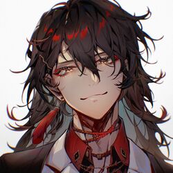  1boy black_hair chromatic_aberration closed_mouth collar_chain_(jewelry) collared_shirt colored_inner_hair commentary earrings english_commentary eyebrows_hidden_by_hair eyelashes formal gradient_background hair_between_eyes highres jewelry long_hair male_focus messy_hair multicolored_hair nijisanji nijisanji_en orange_eyes portrait shirt smile solo straight-on virtual_youtuber vox_akuma vox_akuma_(1st_costume) white_shirt ying_he 