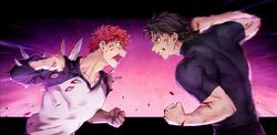  2boys battle blood brown_hair clenched_hands emiya_shirou emphasis_lines eye_contact fate/stay_night fate_(series) fighting_stance fist_fight heaven&#039;s_feel highres kotomine_kirei looking_at_another male_focus multiple_boys muscular muscular_male okonon_(kado_colda) punching red_hair sword torn_clothes upper_body weapon 