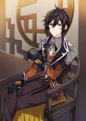  1boy black_gloves black_hair brown_hair chair closed_mouth crossed_legs cup earrings formal genshin_impact gloves hair_between_eyes hand_on_own_thigh highres holding holding_cup jacket jewelry long_hair long_sleeves looking_at_viewer male_focus mizuamememe multicolored_hair ponytail ring single_earring sitting solo suit table tassel tassel_earrings teacup thumb_ring wall yellow_eyes zhongli_(genshin_impact) 