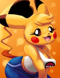  2020 absurd_res anthro anthrofied blonde_hair bottomwear breasts cleavage cleft_tail clothed clothing cosplay_pikachu_(character) cosplay_pikachu_(costume) crop_top dipstick_ears dipstick_tail ear_markings fan_character female generation_1_pokemon hair heart_tail hi_res jo-vee-al kanna_(joaoppereiraus) looking_at_viewer markings midriff multicolored_ears multicolored_tail nintendo open_mouth open_smile pants pikachu pikachu_libre pokemon pokemon_(species) pokemorph shirt signature single_strap single_strap_clothing single_strap_topwear smile solo tail tail_markings tongue topwear 