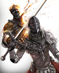  absurdres ambiguous_gender armor ashen_one_(dark_souls_3) bloody_wolf_(elden_ring) cape cloak covered_eyes dark_souls_(series) dark_souls_iii elden_ring full_armor gauntlets helmet highres holding holding_sword holding_weapon kageisland_9lov knight long_hair mask pauldrons shield shoulder_armor sword tarnished_(elden_ring) weapon white_hair 