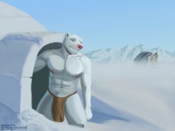  2020 4:3 anthro bear biped bottomwear clothing hi_res humanoid igloo loincloth male mammal mountain otterboxed painting polar_bear snow solo ursine watchers 