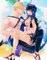  1boy ball bare_arms beachball bikini black_bikini black_footwear blonde_hair blue_eyes blue_hair blush breasts brown_footwear byleth_(female)_(fire_emblem) byleth_(female)_(summer)_(fire_emblem) byleth_(fire_emblem) choker cocktail_glass commentary couple cup dimitri_alexandre_blaiddyd dimitri_alexandre_blaiddyd_(summer) drinking_glass feet_out_of_frame female fire_emblem fire_emblem:_three_houses fire_emblem_heroes flower hair_flower hair_ornament hamut_nl hand_on_another&#039;s_shoulder hibiscus highres holding holding_cup innertube large_breasts looking_at_another male_swimwear medium_hair muscular muscular_male official_alternate_costume outdoors palm_tree parted_lips pectorals red_flower sandals short_hair sitting sitting_on_lap sitting_on_person straight swim_ring swimsuit symbol-only_commentary tree visor_cap wristband 