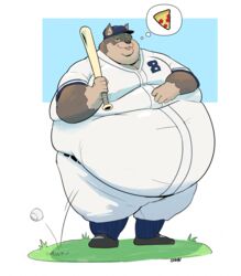  absurd_res anthro ball baseball_(ball) baseball_bat baseball_cap baseball_uniform bat_(object) belly big_belly blep canid canine clothed clothing daydream double_chin food fur grey_body grey_fur hand_on_belly hat headgear headwear hi_res holding_baseball_bat love_handles male mammal moobs obese obese_anthro obese_male outside overweight overweight_anthro overweight_male pizza s-man solo sportswear standing thick_thighs thought_bubble tongue tongue_out uniform 