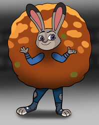  anthro clothed clothing costume disney female food food_costume footwear fur judy_hopps lagomorph leporid looking_at_viewer mammal meatball meatball_costume multicolored_body multicolored_fur police police_uniform purple_eyes rabbit simple_background solo standing toeless_footwear two_tone_body two_tone_fur uniform vixdojofox zootopia 