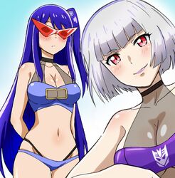  2girls bikini blue_bikini blue_hair blush breasts collarbone frown genderswap_(mtf) grey_hair halterneck highres humanization kamina_shades komagoma kotobukiya_bishoujo long_hair medium_breasts megatron megatron_(kotobukiya_bishoujo) multiple_girls navel one_side_up purple_bikini purple_nails red-tinted_eyewear red_eyes rule_63 short_hair smile soundwave_(transformers) sunglasses swimsuit tinted_eyewear transformers very_long_hair 