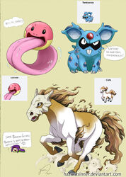  black_eyes character_name claws closed_eyes commentary creature creatures_(company) cubone electrode emoticon english english_commentary female fusion game_freak gen_1_pokemon hazurasinner heart horse laughing lickitung long_hair looking_at_viewer nidoran nintendo oerba_yun_fang open_mouth pokemon ponyta purple_hair running signature skull_mask standing teeth tentacruel tongue tongue_out watermark web_address 