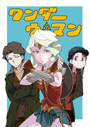  1boy 2girls absurdres andrew_hanbridge arm_guards belt black_gloves blonde_hair blue_eyes blue_skirt brown_hair coat commentary_request cosplay crossed_arms dc_comics diana_cavendish etta_candy etta_candy_(cosplay) frown gloves green_eyes hat highres kagari_atsuko kiriko_works light_green_hair little_witch_academia long_hair looking_at_another looking_at_viewer multicolored_hair multiple_girls purple_eyes red_shirt ribbed_sweater shield shirt skirt steve_trevor steve_trevor_(cosplay) strapless superhero_costume sweater tiara two-tone_hair wavy_hair wonder_woman wonder_woman_(cosplay) wonder_woman_(series) 