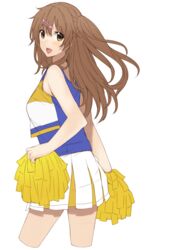  billion_(billion0103) brown_eyes brown_hair cheerleader chuunibyou_demo_koi_ga_shitai! cowboy_shot female from_side hair_ornament hairclip long_hair looking_at_viewer nibutani_shinka pom_pom_(cheerleading) simple_background skirt smile solo white_background 