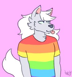  anthro avoid_posting clothing doopcity male multicolored_clothing multicolored_shirt multicolored_topwear pink_background pretty_cure rainbow_clothing rainbow_shirt rainbow_topwear shirt simple_background solo t-shirt tongue tongue_out topwear wolfrun 