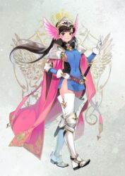  adapted_costume armor armored_boots belt blue_dress boots breasts brown_eyes brown_hair cape chkuyomi closed_mouth commentary covered_navel d.va_(overwatch) detached_collar dress elbow_gloves elbow_pads facepaint facial_mark female full_body gem gloves greaves grey_background hand_on_own_hip hand_up head_wings helm helmet knee_pads lips long_hair long_sleeves looking_at_viewer medium_breasts microdress overwatch overwatch_1 pauldrons pink_cape pink_lips scabbard sheath sheathed shoulder_armor shoulder_pads side_slit sideboob sleeveless sleeveless_dress smile solo standing sword tabard thigh_boots thighhighs turtleneck v weapon whisker_markings white_footwear white_gloves white_thighhighs winged_helmet wings 