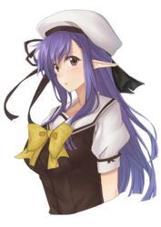  billion_(billion0103) blush female hat long_hair looking_at_viewer national_verbena_academy_school_uniform nerine pointy_ears purple_hair red_eyes school_uniform short_sleeves shuffle! simple_background solo upper_body white_background 