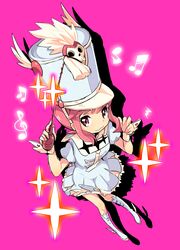  :3 boots commentary_request conductor_baton dress female hat highres jakuzure_nonon kanro_ame_(ameko) kill_la_kill musical_note pink_eyes pink_hair shako_cap sidelocks simple_background smile solo tassel uniform winged_hat wrist_cuffs 