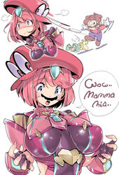  bangs blue_eyes blush breast_awe breasts chris_(mario) edited female fingerless_gloves gameplay_mechanics gloves hair_ornament hat highres homura_(xenoblade_2) koopa_troopa large_breasts mario mario_(series) nail_polish open_mouth pink_eyes pink_hair possessed red_eyes short_hair sidelocks super_mario_bros. super_mario_odyssey surprised sweatdrop third-party_edit xenoblade_(series) xenoblade_2 