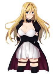  billion_(billion0103) black_thighhighs blonde_hair blue_eyes blush breast_hold breasts choker cleavage cowboy_shot crossed_arms dress female hair_intakes large_breasts long_hair looking_at_viewer sekirei short_dress solo thigh_strap thighhighs tsukiumi very_long_hair white_background 