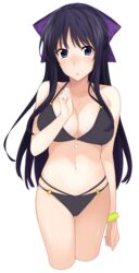  :o bare_shoulders bikini billion_(billion0103) black_bikini black_hair blue_eyes blush bow bracelet breasts cleavage cowboy_shot cropped_legs female hairbow jewelry large_breasts long_hair looking_at_viewer navel ryuuzouji_akane simple_background skindentation solo swimsuit very_long_hair walkure_romanze white_background 