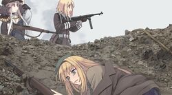  3girls beret black_headwear blonde_hair blush bolt_action breasts brown_eyes brown_jacket brown_shirt collared_shirt commentary_request cross crying crying_with_eyes_open derivative_work girls&#039;_frontline green_eyes green_necktie grey_sky gun hat hiding highres holding holding_gun holding_weapon iron_cross jacket kar98k_(girls&#039;_frontline) korean_commentary long_hair long_sleeves looking_away looking_to_the_side m1_garand m1_garand_(girls&#039;_frontline) mauser_98 mixed-language_commentary mp40 mp40_(girls&#039;_frontline) multiple_girls necktie open_mouth parody parted_lips photo-referenced pink_eyes platinum_blonde_hair red_eyes rifle rope rubble saving_private_ryan shirt short_hair sidelocks sky smoke submachine_gun tab_(tabkun) tearing_up tears weapon 