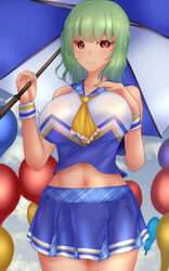  alternate_costume ascot balloon blue_skirt blue_tank_top blue_umbrella breasts closed_mouth commentary_request cowboy_shot female green_hair hand_on_own_chest highres holding holding_umbrella kazami_yuuka kazami_yuuka_(cheerleader_of_the_four_seasons) large_breasts looking_at_viewer midriff multicolored_umbrella navel red_eyes short_hair shounen_(hogehoge) skirt smile solo standing tank_top touhou touhou_lostword two-tone_umbrella umbrella white_tank_top white_umbrella wrist_cuffs yellow_ascot 