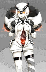  abyssal_ship asymmetrical_horns black_gloves black_horns black_panties breasts character_name colored_skin copyright_name cracked_skin female gears gloves glowing glowing_eyes grey_background hair_between_eyes heavy_cruiser_princess hood horns kantai_collection large_breasts looking_at_viewer mechanical_parts orange_eyes oso_(toolate) pale_skin panties parted_lips simple_background single_thighhigh sleeveless solo striped_clothes striped_thighhighs thighhighs turret underwear uneven_horns white_hair zipper 