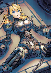  alia_(mega_man) android blonde_hair blue_eyes breasts cable commentary_request disassembly empty_eyes female highres joints large_breasts long_hair lying mechanical_parts mega_man_(series) mega_man_x_(series) minster_(dooke) on_back parted_lips piston radio_antenna robot_joints solo spread_legs tube 