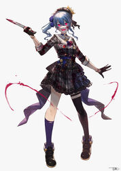  absurdres asymmetrical_legwear beret black_thighhighs blood blood_on_clothes blood_on_face blue_hair choker commentary crazy_eyes crazy_smile crown female full_body gloves granblue_fantasy_(style) grey_hat hair_between_eyes hat highres hololive hoshimachi_suisei hoshimachi_suisei_(1st_costume) jun_wei knife looking_at_viewer medium_hair plaid_headwear red_eyes shoes side_ponytail simple_background smile solo standing star_(symbol) star_choker thighhighs uneven_legwear virtual_youtuber white_background 