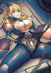  alia_(mega_man) android blonde_hair blue_eyes breasts cable chest_jewel commentary_request disassembly empty_eyes female highres joints large_breasts long_hair lying mechanical_arms mechanical_parts mega_man_(series) mega_man_x_(series) minster_(dooke) on_back parted_lips radio_antenna robot_joints single_mechanical_arm solo spread_legs tube 