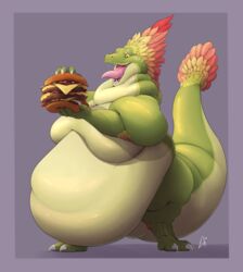  2023 ambiguous_gender anthro belly big_belly burger digital_media_(artwork) draconder dragon dragontzin_(character) eating eating_food feathered_dragon feathered_scalie feathers food hi_res morbidly_obese morbidly_obese_ambiguous morbidly_obese_anthro mythological_creature mythological_scalie mythology neck_rolls obese obese_ambiguous obese_anthro overweight overweight_ambiguous overweight_anthro purple_background scalie signature simple_background solo tail thick_tail weight_gain 