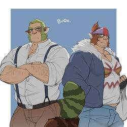  2boys absurdres animal_ear_request animal_ears arm_hair bara beard belt borrowed_character braid braided_beard brown_hair facial_hair glensaru green_hair headband highres jacket long_beard looking_at_viewer male_focus mature_male multiple_boys muscular muscular_male original pants pectoral_cleavage pectorals raccoon_boy raccoon_ears raccoon_tail shirt tail thick_eyebrows tight_clothes tusks 