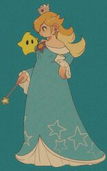  bare_shoulders black_eyes blonde_hair blue_background blue_dress breasts closed_mouth crown dress earrings eye_contact female from_side full_body hair_over_one_eye hand_on_own_hip holding jewelry long_dress long_hair long_sleeves looking_at_another luma_(mario) mario_(series) mini_crown pikurusu profile rosalina simple_background small_breasts solo_focus standing star_(symbol) star_wand super_mario_galaxy wand 