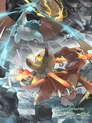  absurdres charmeleon dragonite electricity energy english_text fire geodude golbat haunter highres misdreavus no_humans open_mouth outdoors pkdn_discovery pokemon pokemon_(creature) raichu salamence storm watermark zubat 