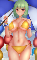  alternate_costume ascot balloon bikini blue_umbrella breasts cleavage closed_mouth commentary_request cowboy_shot female green_hair hand_on_own_chest highres holding holding_umbrella kazami_yuuka kazami_yuuka_(cheerleader_of_the_four_seasons) large_breasts looking_at_viewer midriff multicolored_umbrella navel red_eyes short_hair shounen_(hogehoge) skirt smile solo standing swimsuit touhou touhou_lostword two-tone_umbrella umbrella variant_set white_umbrella wrist_cuffs yellow_ascot yellow_bikini 