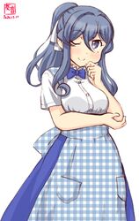  ;) alternate_costume apron artist_logo blue_apron blue_bow blue_bowtie blue_eyes blue_hair blue_skirt bow bowtie checkered_apron checkered_clothes collared_shirt commentary_request dated dress_shirt employee_uniform female gingham_apron gotland_(kancolle) hair_between_eyes high-waist_skirt highres kanon_(kurogane_knights) kantai_collection kobeya kobeya_uniform long_hair mole mole_under_eye one_eye_closed ponytail shirt simple_background skirt smile solo uniform waitress white_background white_shirt 