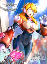  alia_(mega_man) android blonde_hair blue_eyes breasts chest_jewel commentary_request controller english_text engrish_text female gloves hacking hairband highres large_breasts long_hair mega_man_(series) mega_man_x_(series) minster_(dooke) open_mouth radio_antenna ranguage remote_control static static_eyes tablet_pc teeth upper_teeth_only white_gloves 