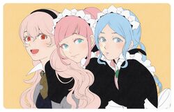  3girls armor armored_dress bavaa black_dress black_headband blue_hair blunt_bangs blush closed_mouth commentary_request corrin_(female)_(fire_emblem) corrin_(fire_emblem) dress felicia_(fire_emblem) fire_emblem fire_emblem_fates flora_(fire_emblem) frills green_eyes grey_eyes hair_between_eyes headband highres hug hug_from_behind juliet_sleeves lips long_hair long_sleeves looking_at_viewer maid maid_headdress multiple_girls open_mouth pink_hair ponytail puffy_sleeves red_eyes siblings sidelocks sisters smile teeth twins upper_body upper_teeth_only yellow_background 