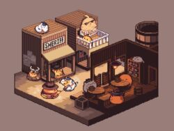  animal_costume azur_lane black_headwear brown_headwear cow_costume cowboy cowboy_hat cowboy_western dollhouse_view hat holster ino_futon isometric lasso manjuu_(azur_lane) meowfficer_(azur_lane) no_humans pixel_art sunglasses wooden_box wooden_wall 