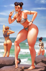  3girls anklet ass azuma_yasuo bare_legs barefoot beach bikini black_hair blonde_hair blurry blurry_background breasts cammy_white chun-li cleavage double_bun hair_bun hair_horns highres jewelry juri_han leaning_forward multiple_girls ocean rock short_hair smile solo_focus standing street_fighter street_fighter_6 swimsuit thong thong_bikini tiptoes v 