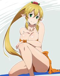  bandeau bikini blonde_hair braid breasts cleavage elf female flower green_eyes hair_between_eyes hair_flower hair_ornament knee_up large_breasts leafa long_hair looking_at_viewer orange_bikini pointy_ears ponytail puge simple_background smile solo swimsuit sword_art_online twin_braids very_long_hair 