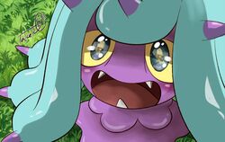  +_+ blush colored_sclera commentary_request day fangs grass happy james_(pokemon) mareanie open_mouth outdoors pokemon pokemon_(anime) pokemon_(creature) pokemon_sm_(anime) signature smile takeko0223 tongue yellow_sclera 