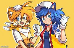  2girls animal_ears blue_eyes blue_hair breasts cleavage english_commentary fangs fox_ears genderswap_(mtf) gloves goggles goggles_on_head hat highres humanization long_hair looking_at_viewer mag_(magdraws) medium_breasts multicolored_hair multiple_girls open_mouth orange_hair rule_63 smile sonic_(series) sonic_the_hedgehog sonic_the_hedgehog_(classic) sonic_the_hedgehog_2 tails_(sonic) teeth white_gloves white_hair 