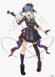  absurdres asymmetrical_legwear beret black_thighhighs blue_eyes blue_hair commentary crown female full_body gloves granblue_fantasy_(style) grey_hat hair_between_eyes hat highres hololive hoshimachi_suisei hoshimachi_suisei_(1st_costume) jun_wei looking_at_viewer medium_hair microphone plaid_headwear shoes side_ponytail simple_background smile solo standing star_(symbol) star_in_eye symbol_in_eye thighhighs uneven_legwear virtual_youtuber white_background 