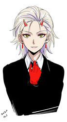  alternate_costume azur_lane black_necktie black_suit chinese_commentary collared_shirt commentary_request dated earrings female forehead formal gloves grin horns jewelry kinu_(azur_lane) looking_at_viewer necktie oni_horns red_gloves ringed_eyes shirt short_hair simple_background smile solo suit teeth upper_body werkbau white_background white_hair yellow_eyes 