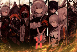  3boys 5girls animal_ears antenna_hair arknights armband bannouyakunta black_dress black_gloves black_hair black_jacket closed_mouth cloud column_lineup commentary_request controller covered_mouth crownslayer_(arknights) detonator dragon_horns dress faust_(arknights) fingerless_gloves fire frostnova_(arknights) gas_mask gloves grey_eyes grey_hair hair_ornament hairclip highres holding holding_remote_control hood hood_up horns jacket looking_at_viewer mask medium_hair mephisto_(arknights) multiple_boys multiple_girls nail_polish parted_lips patriot_(arknights) pointy_ears profile rabbit_ears reaching reaching_towards_viewer red_eyes red_hair red_nails remote_control reunion_logo_(arknights) shirt short_hair skullshatterer_(arknights) smile sparks talulah_(arknights) w_(arknights) white_jacket white_shirt x 