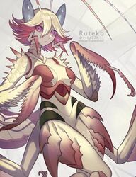  antennae arthropod_girl arthropod_limbs artist_name blonde_hair carapace colored_sclera colored_skin extra_arms female highres looking_at_viewer mandibles mantis_girl monster_girl multicolored_hair multicolored_skin original pink_hair pink_sclera ruteko_(ruko220) simple_background skirt solo spikes twitter_username white_skirt 