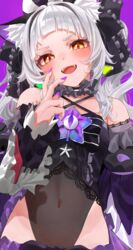  :d absurdres animal_ear_fluff animal_ears bare_shoulders black_leotard black_ribbon black_shirt blush cat_ears covered_navel crop_top detached_sleeves female frilled_ribbon frills grey_hair hair_ribbon hand_up highres hololive leotard long_hair long_sleeves looking_at_viewer murasaki_shion murasaki_shion_(gothic_lolita) nail_polish orange_eyes purple_nails ribbon shirt smile solo tarutaru_(ryousuke) virtual_youtuber 