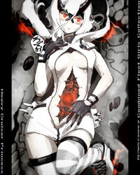  abyssal_ship asymmetrical_horns black_gloves black_horns blush boots breasts character_name colored_skin copyright_name cracked_skin female gloves hair_between_eyes heavy_cruiser_princess hole_in_chest hole_on_body hood hood_up horns kantai_collection mechanical_parts medium_breasts open_clothes oso_(toolate) pale_skin red_eyes sideboob sleeveless solo striped_clothes striped_thighhighs sweat tail thighhighs turret uneven_horns white_footwear white_hair zipper 