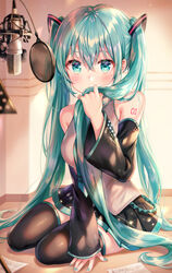  absurdres aqua_eyes aqua_hair aqua_nails aqua_necktie bad_id bad_pixiv_id bare_shoulders belt black_skirt black_sleeves black_thighhighs blush commentary detached_sleeves female full_body grey_shirt hair_ornament hand_on_ground hatsune_miku highres holding holding_own_hair indoors long_hair looking_at_viewer microphone miniskirt music_stand nail_polish necktie pleated_skirt room sheet_music shirt shoulder_tattoo sitting skirt sleeveless sleeveless_shirt solo studio_microphone tattoo thighhighs tokkyu twintails very_long_hair vocaloid yokozuwari zettai_ryouiki 